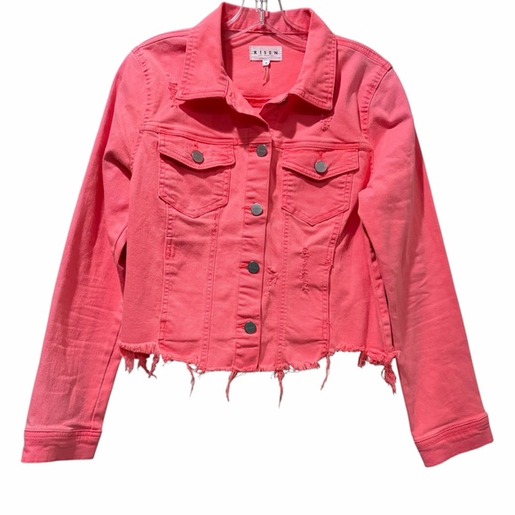 Risen Medium Neon Coral Pink Raw Distressed Hem Denim Gemma Jacket Yeehaw C - Picture 2 of 7